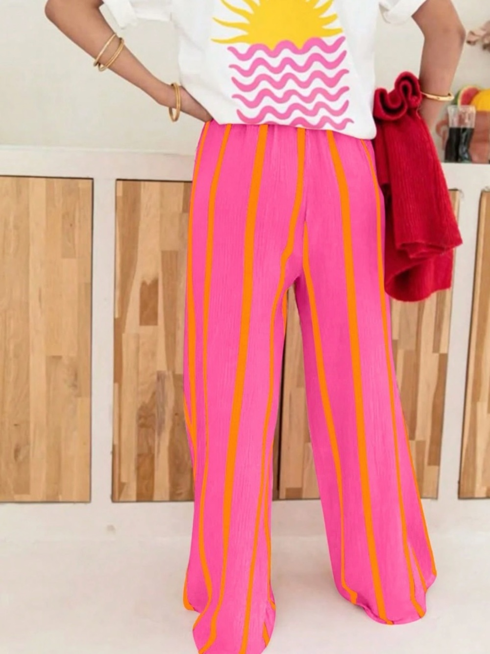 Pink Wide Trousers with Yellow Stripes Elastic Waist Flowy and Light - Picture 3 of 6
